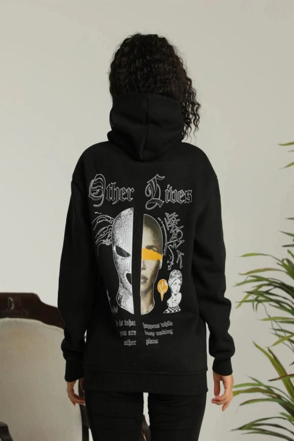 Oversize Üç İplik Kapüşonlu Sweatshirt – Siyah “Other Lives” Ön Ve Arka Baskılı, Şardonlu Kışlık, Rahat Günlük Model Siiyah - 2