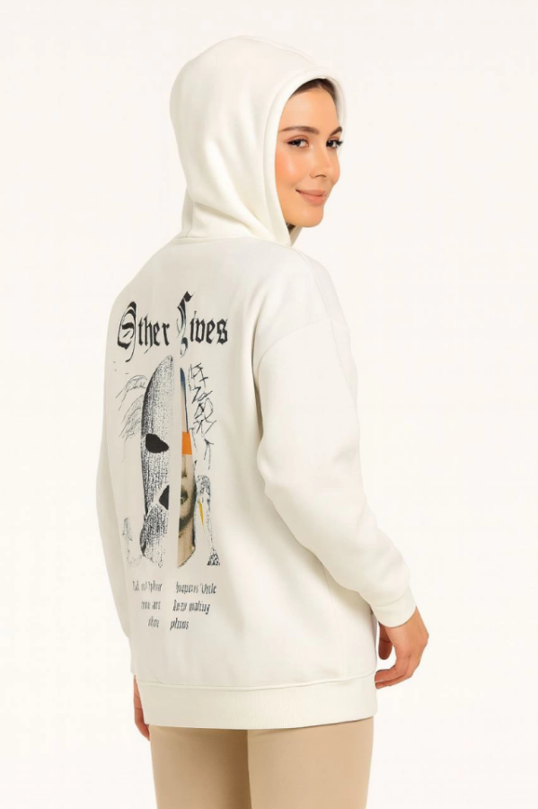 Oversize Üç İplik Şardonlu Kapüşonlu Sweatshirt – Beyaz “Other Lives” Ön Ve Arka Baskılı, Kanguru Cepli, Ribanalı Rahat Kışlık Model Beyaz - 1