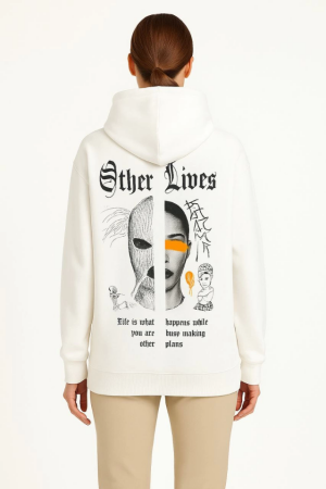 Oversize Üç İplik Şardonlu Kapüşonlu Sweatshirt – Beyaz “Other Lives” Ön Ve Arka Baskılı, Kanguru Cepli, Ribanalı Rahat Kışlık Model Beyaz - 3