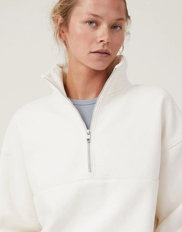 Oversize Yarım Farmuarlı Yakalı Basic SweatShirt - Beyaz - 4