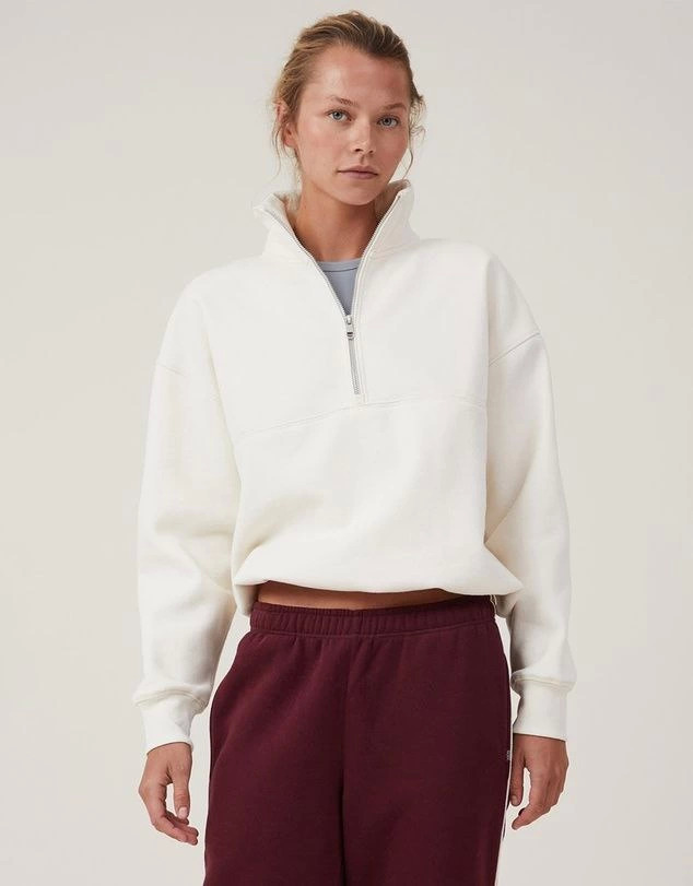 Oversize Yarım Farmuarlı Yakalı Basic SweatShirt - Beyaz - 1