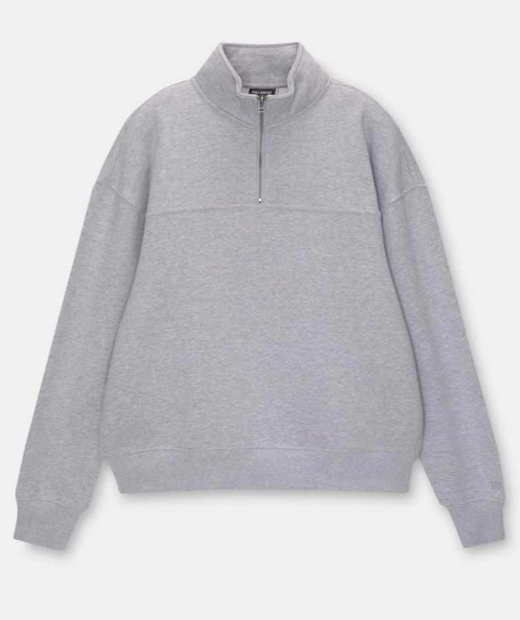 Oversize Yarım Farmuarlı Yakalı Basic SweatShirt - Gri - 1