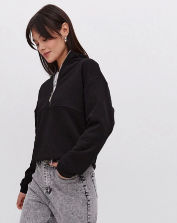 Oversize Yarım Farmuarlı Yakalı Basic SweatShirt - Siyah - ANGELINO BuyukBedeniz (1)