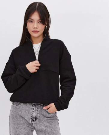 Oversize Yarım Farmuarlı Yakalı Basic SweatShirt - Siyah - 3
