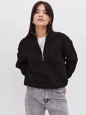 Oversize Yarım Farmuarlı Yakalı Basic SweatShirt - Siyah - 1