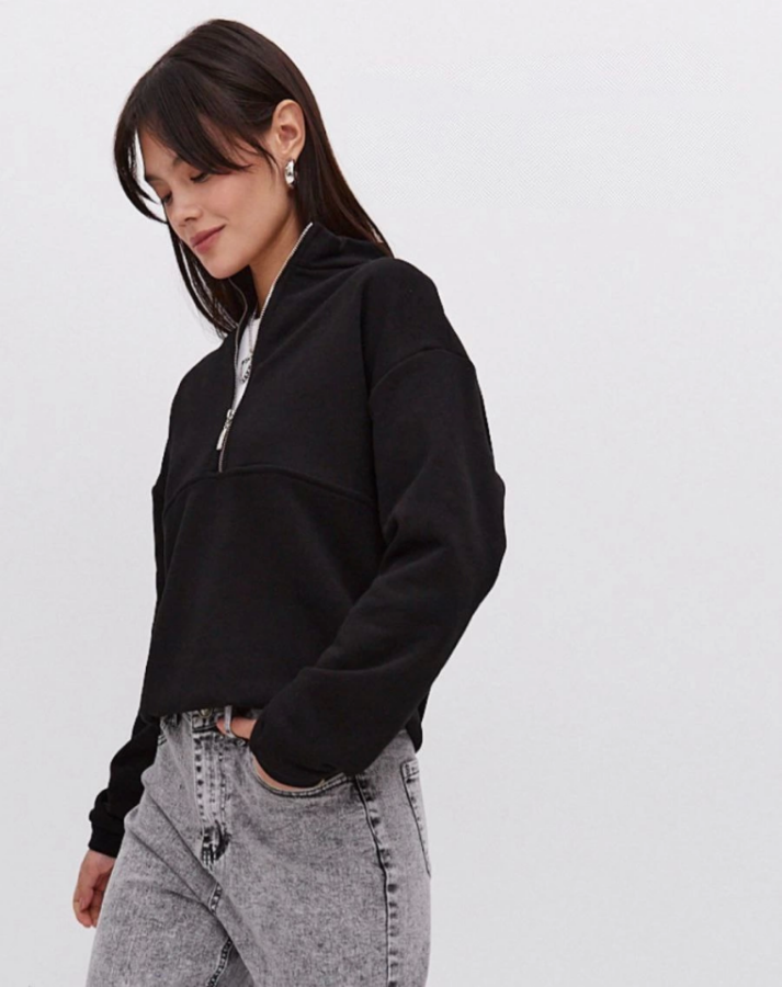 Oversize Yarım Farmuarlı Yakalı Basic SweatShirt - Siyah - 2