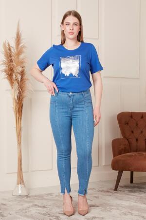 Paça Detaylı Mavi Büyük Beden Kot Pantolon - 5