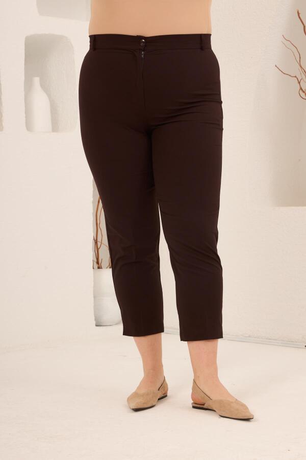 Paça Yırtmaçlı Büyük Beden Gabardin Pantolon Kahve - 3