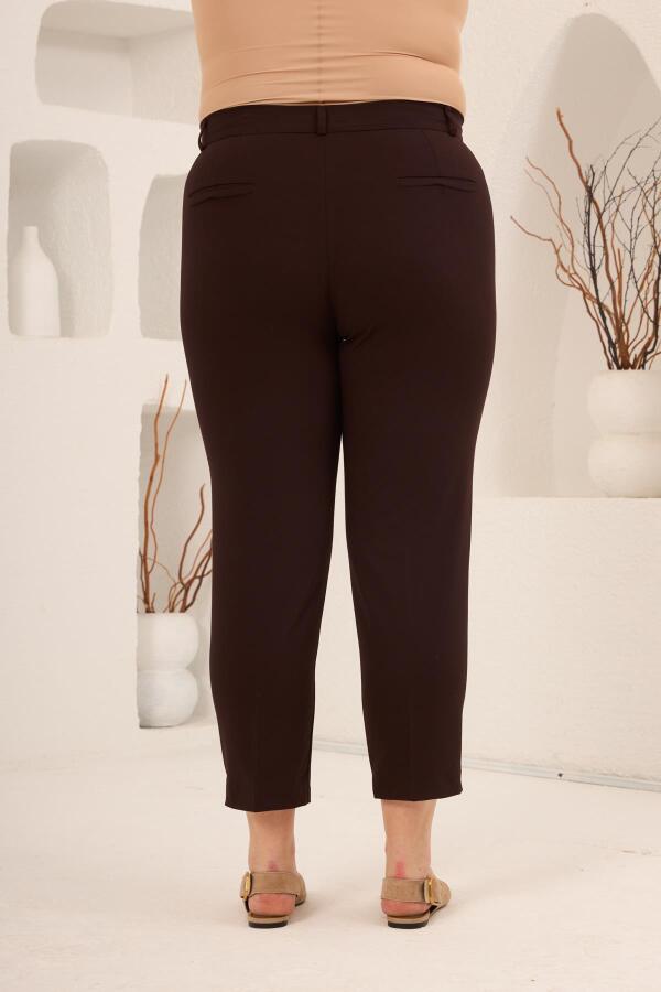 Paça Yırtmaçlı Büyük Beden Gabardin Pantolon Kahve - 4