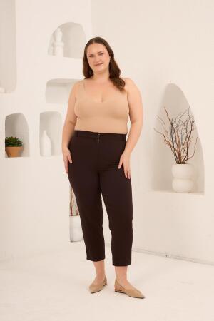 Paça Yırtmaçlı Büyük Beden Gabardin Pantolon Kahve - 5