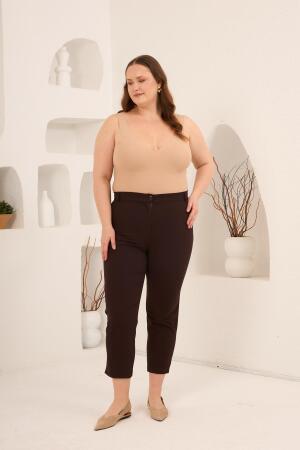 Paça Yırtmaçlı Büyük Beden Gabardin Pantolon Kahve - 6