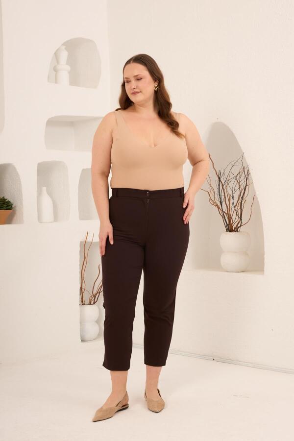 Paça Yırtmaçlı Büyük Beden Gabardin Pantolon Kahve - 6