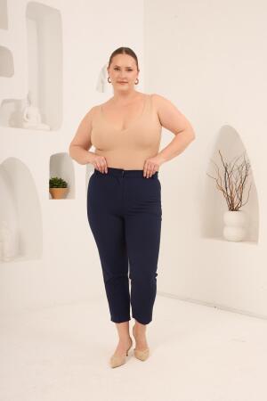 Paça Yırtmaçlı Büyük Beden Gabardin Pantolon Lacivert - 6