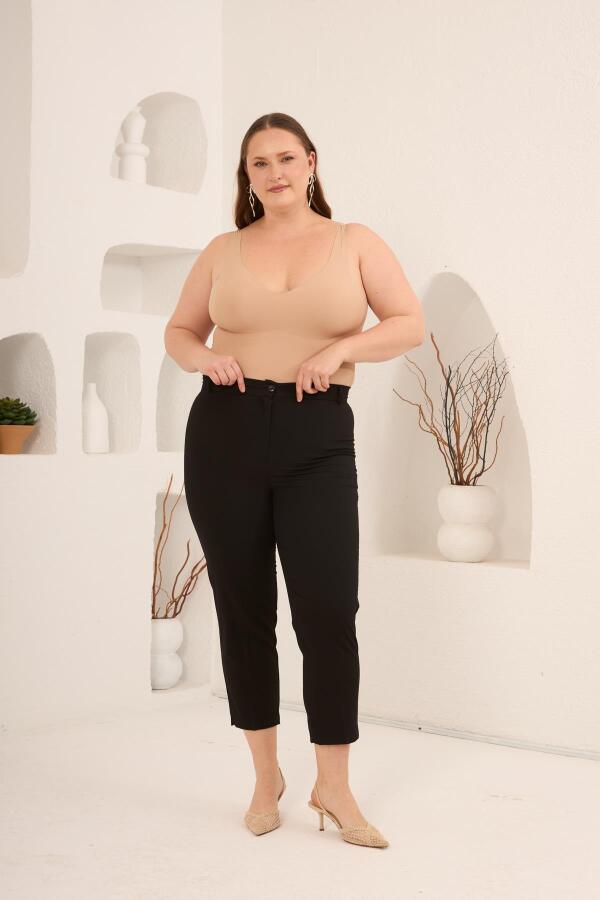Paça Yırtmaçlı Büyük Beden Gabardin Pantolon Siyah - 5