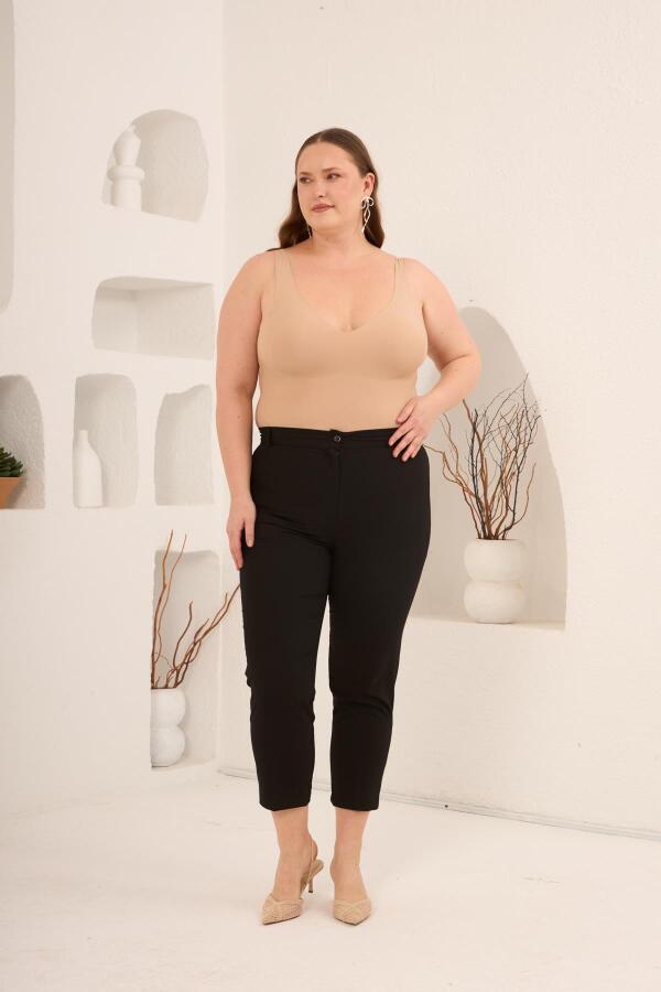 Paça Yırtmaçlı Büyük Beden Gabardin Pantolon Siyah - 6