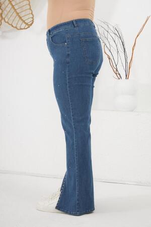 Paça Yırtmaçlı Taş Detaylı Büyük Beden Kot Pantolon Mavi - 2