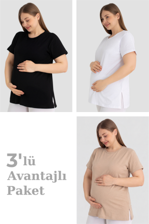 Pamuklu Kısa Kollu Hamile Tişört 3'lü Paket – Yumuşak ve Rahat Hamile Giyim - Angelino