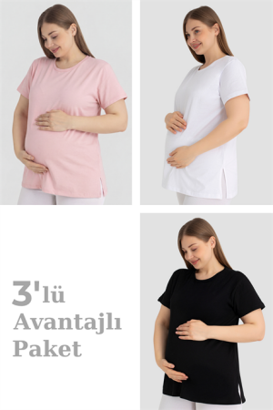 Pamuklu Kısa Kollu Hamile Tişört 3'lü Paket – Yumuşak ve Rahat Hamile Giyim - Angelino