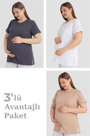 Pamuklu Kısa Kollu Hamile Tişört 3'lü Paket – Yumuşak ve Rahat Hamile Giyim - Angelino