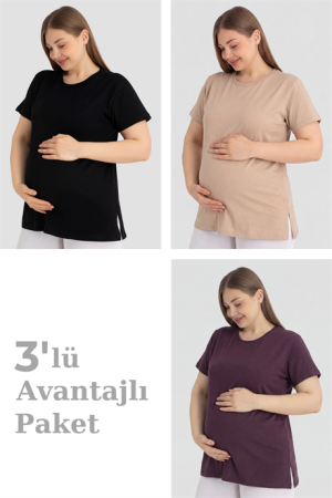 Pamuklu Kısa Kollu Hamile Tişört 3'lü Paket – Yumuşak ve Rahat Hamile Giyim - Angelino