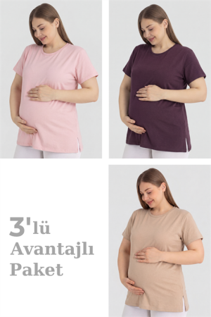Pamuklu Kısa Kollu Hamile Tişört 3'lü Paket – Yumuşak ve Rahat Hamile Giyim - Angelino
