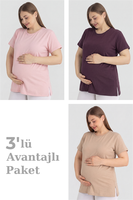 Pamuklu Kısa Kollu Hamile Tişört 3'lü Paket – Yumuşak ve Rahat Hamile Giyim - 1