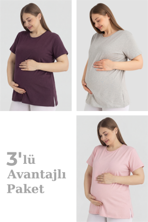 Pamuklu Kısa Kollu Hamile Tişört 3'lü Paket – Yumuşak ve Rahat Hamile Giyim - Angelino