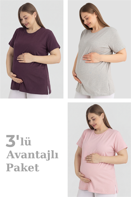 Pamuklu Kısa Kollu Hamile Tişört 3'lü Paket – Yumuşak ve Rahat Hamile Giyim - 1