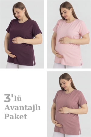 Pamuklu Kısa Kollu Hamile Tişört 3'lü Paket – Yumuşak ve Rahat Hamile Giyim - Angelino
