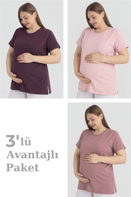 Pamuklu Kısa Kollu Hamile Tişört 3'lü Paket – Yumuşak ve Rahat Hamile Giyim - 1