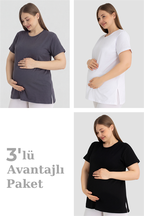 Pamuklu Kısa Kollu Hamile Tişört 3'lü Paket – Yumuşak ve Rahat Hamile Giyim - 1