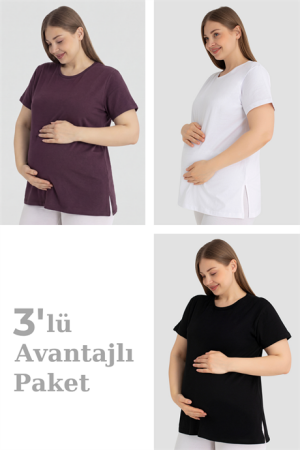 Pamuklu Kısa Kollu Hamile Tişört 3'lü Paket – Yumuşak ve Rahat Hamile Giyim - Angelino
