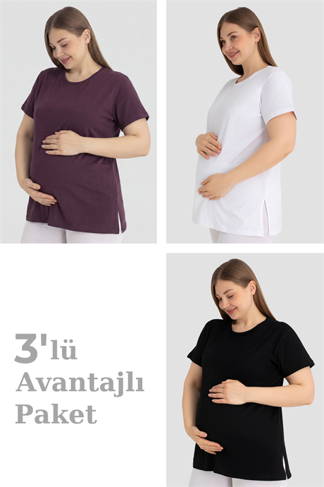 Pamuklu Kısa Kollu Hamile Tişört 3'lü Paket – Yumuşak ve Rahat Hamile Giyim - 1