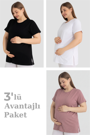 Pamuklu Kısa Kollu Hamile Tişört 3'lü Paket – Yumuşak ve Rahat Hamile Giyim - Angelino