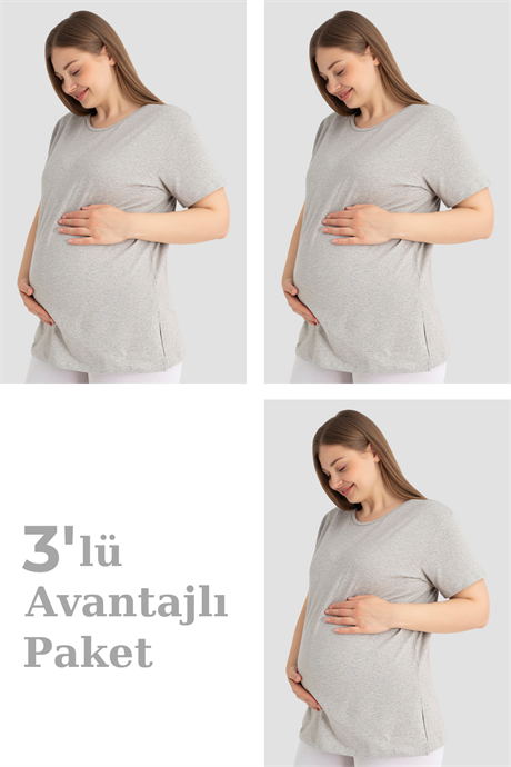 Pamuklu Kısa Kollu Hamile Tişört Gri 3'lü Paket – Yumuşak ve Rahat Hamile Giyim - 1