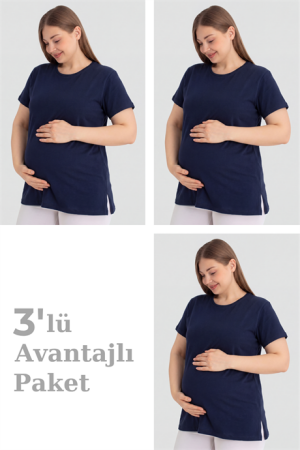 Pamuklu Kısa Kollu Hamile Tişört Lacivert 3'lü Paket – Yumuşak ve Rahat Hamile Giyim - 1