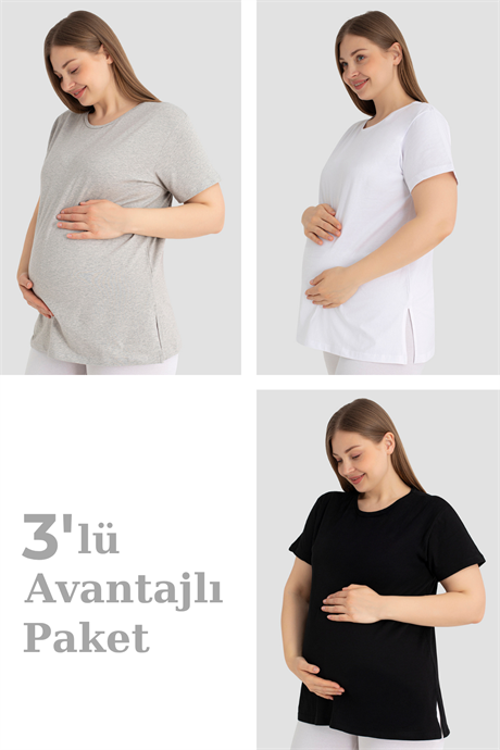 Pamuklu Kısa Kollu Hamile Tişört Renkli 3'lü Paket – Yumuşak ve Rahat Hamile Giyim - 1