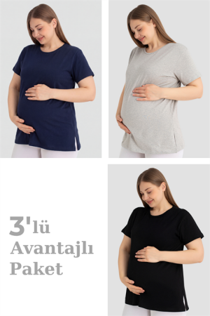 Pamuklu Kısa Kollu Hamile Tişört Renkli 3'lü Paket – Yumuşak ve Rahat Hamile Giyim - 1