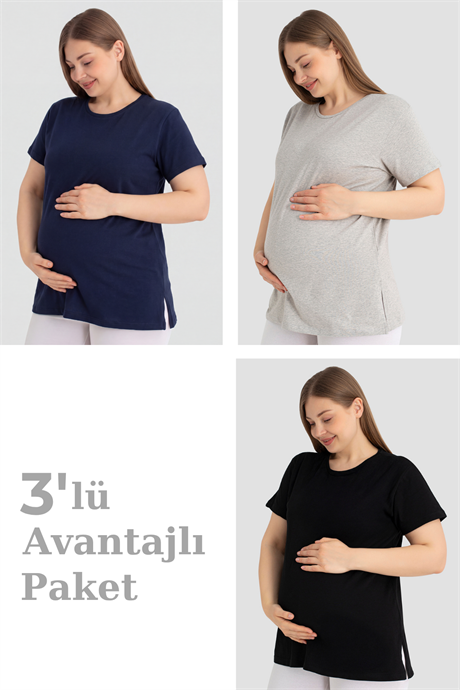 Pamuklu Kısa Kollu Hamile Tişört Renkli 3'lü Paket – Yumuşak ve Rahat Hamile Giyim - 1