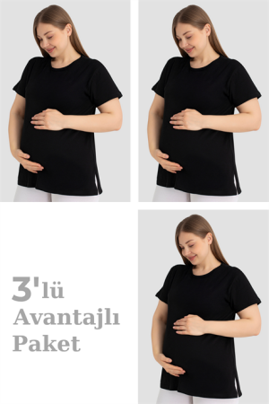Pamuklu Kısa Kollu Hamile Tişört Siyah 3'lü Paket – Yumuşak ve Rahat Hamile Giyim - Arma Yıldız