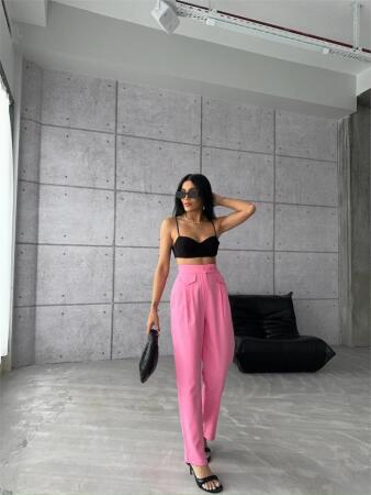 PANTOLON KAPALI CEP 3 DÜĞME DETAYLI - Pembe - 4