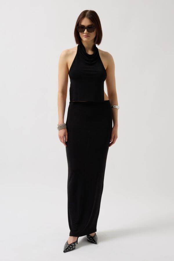 Parlak Kumaş Maxi Etek - 2