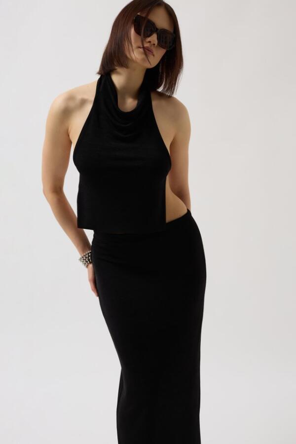 Parlak Kumaş Maxi Etek - 3