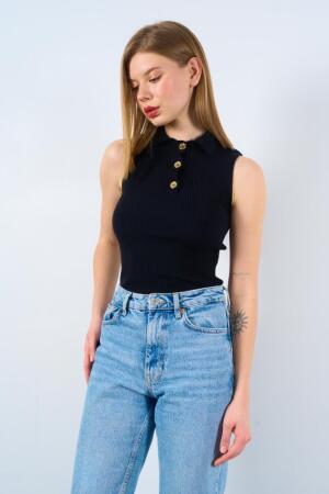 Patlı Düğmeli Triko Atlet - Siyah - ANGELINO BuyukBedeniz