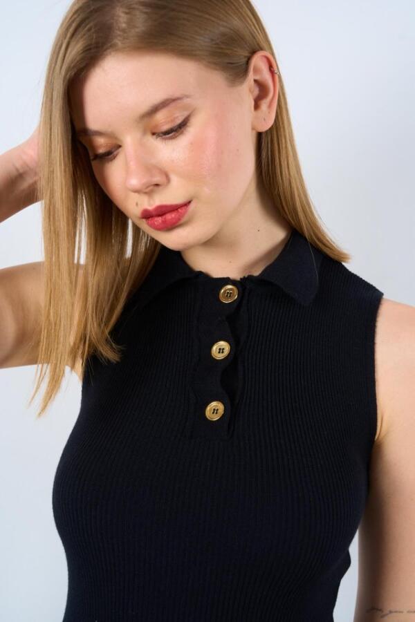 Patlı Düğmeli Triko Atlet - Siyah - 4