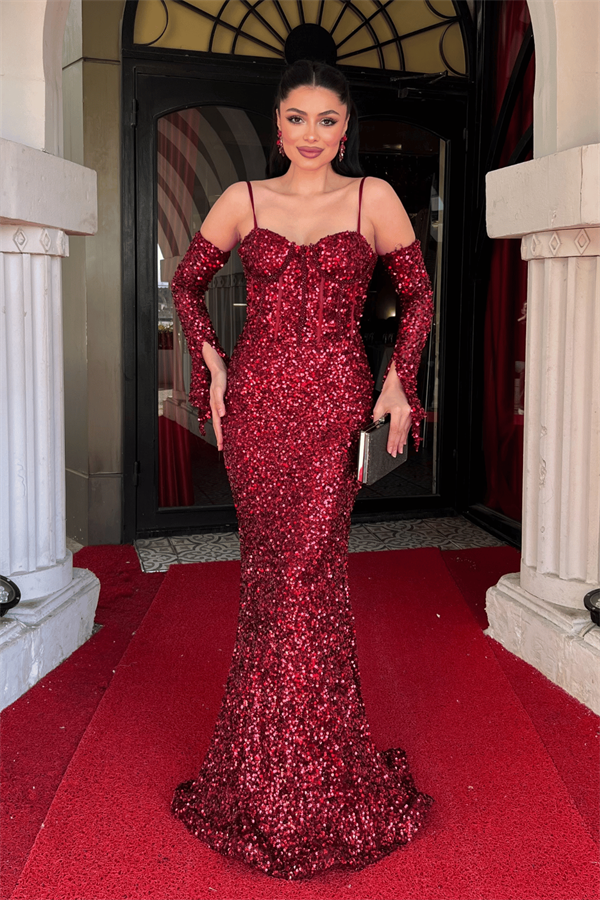 Payet Kumaş Balenli Abiye Elbise - BORDO - 1