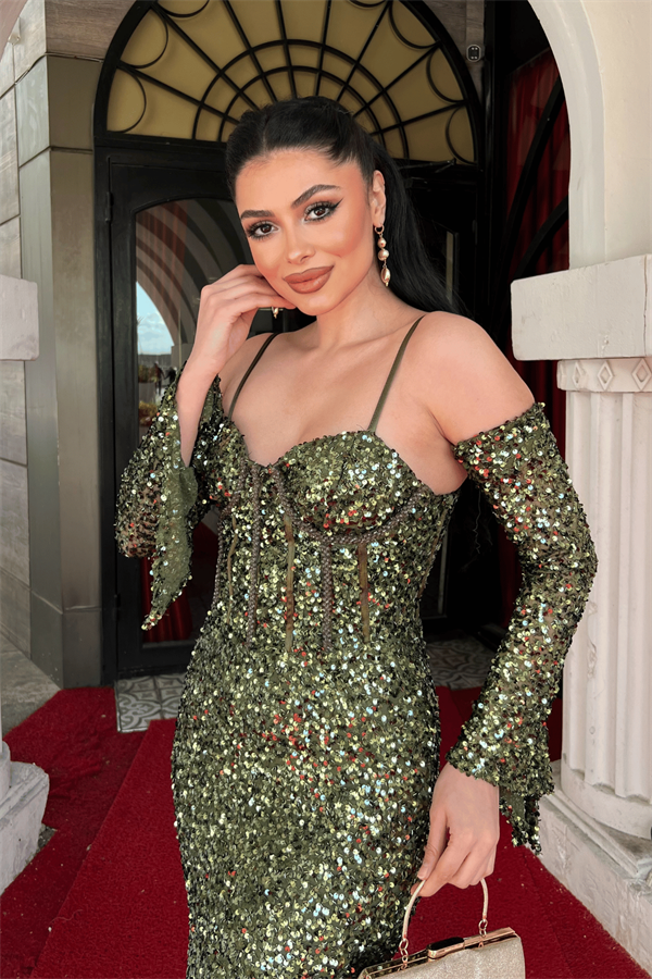 Payet Kumaş Balenli Abiye Elbise - HAKİ YEŞİLİ - 4