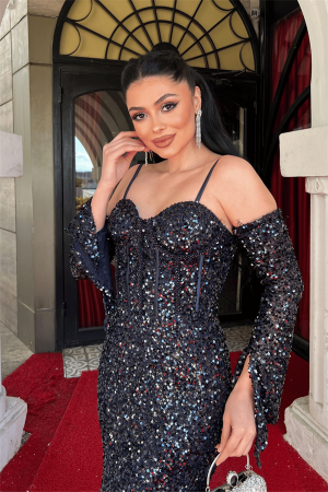 Payet Kumaş Balenli Abiye Elbise - LACİVERT - 3