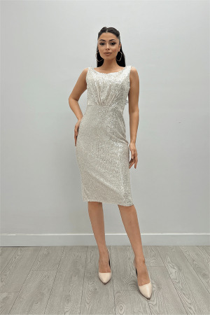 Payet Kumaş Büzgü Detaylı Kalın Askılı Elbise - BEJ - Angelino Moda