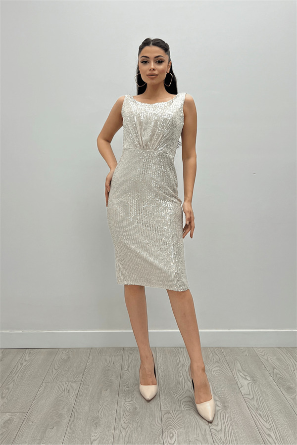 Payet Kumaş Büzgü Detaylı Kalın Askılı Elbise - BEJ - 1